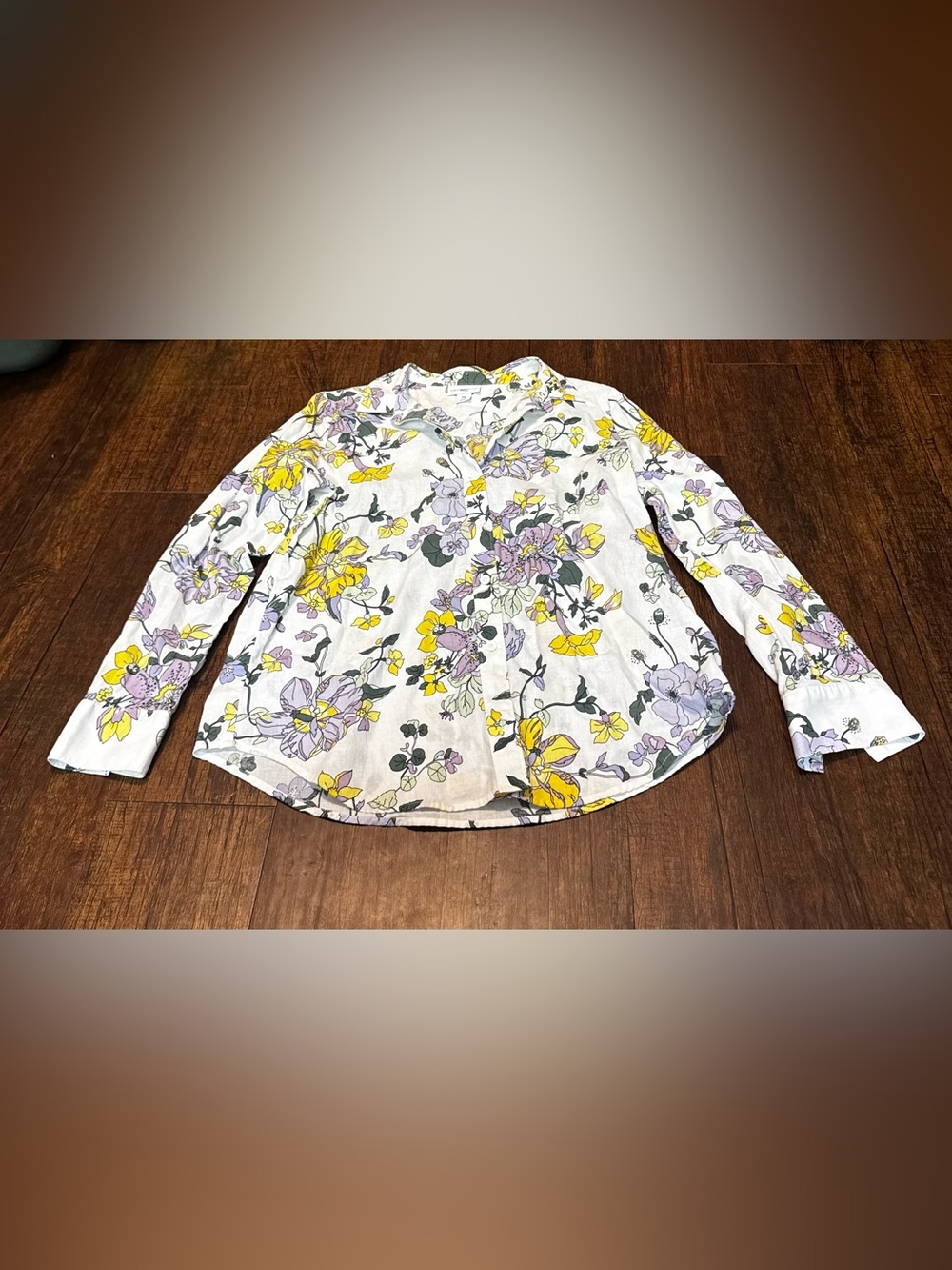 Liz Claiborne White Button-Down Shirt with Yellow & Lavender Floral Print